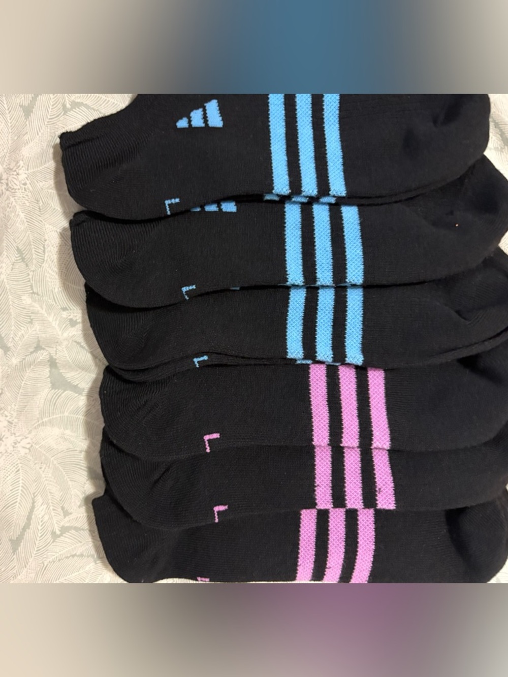 NWOT 6 pairs of women’s adidas Black Ankle Socks with Blue and Pink Stripes